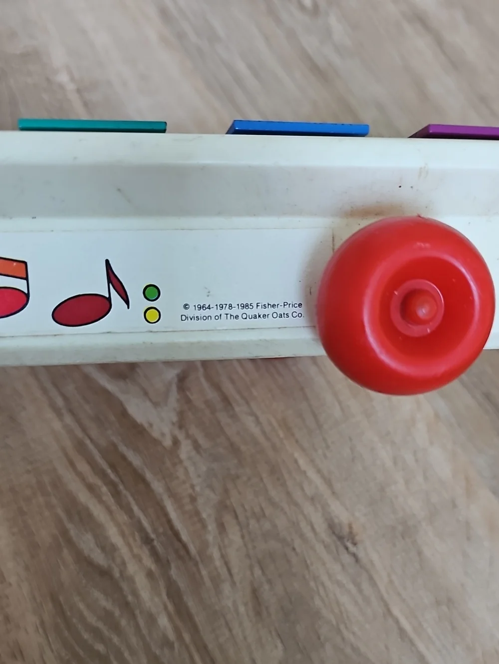 Fisher-Price Wooden Rainbow Xylophone Pull Toy with Red Wheels Vintage